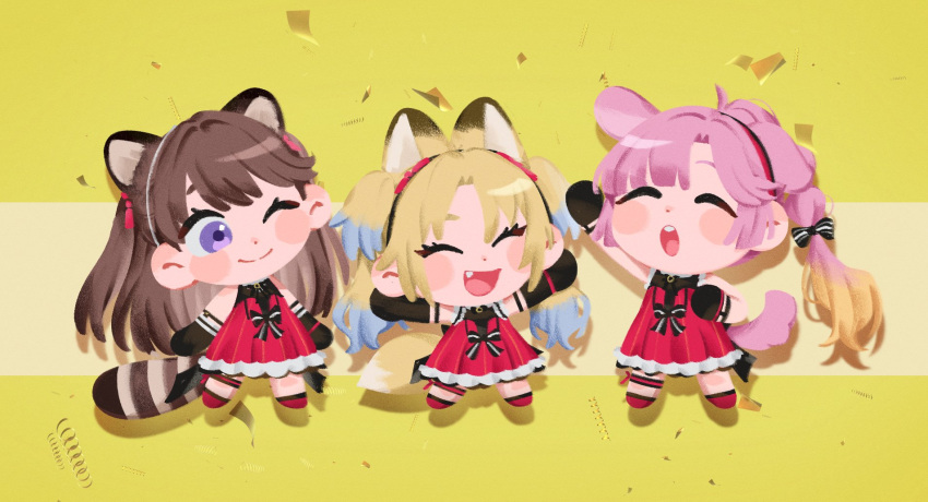 3girls, ;), ^_^, ahoge, animal_ears, anyoji_hime, arm_up, bak_pep