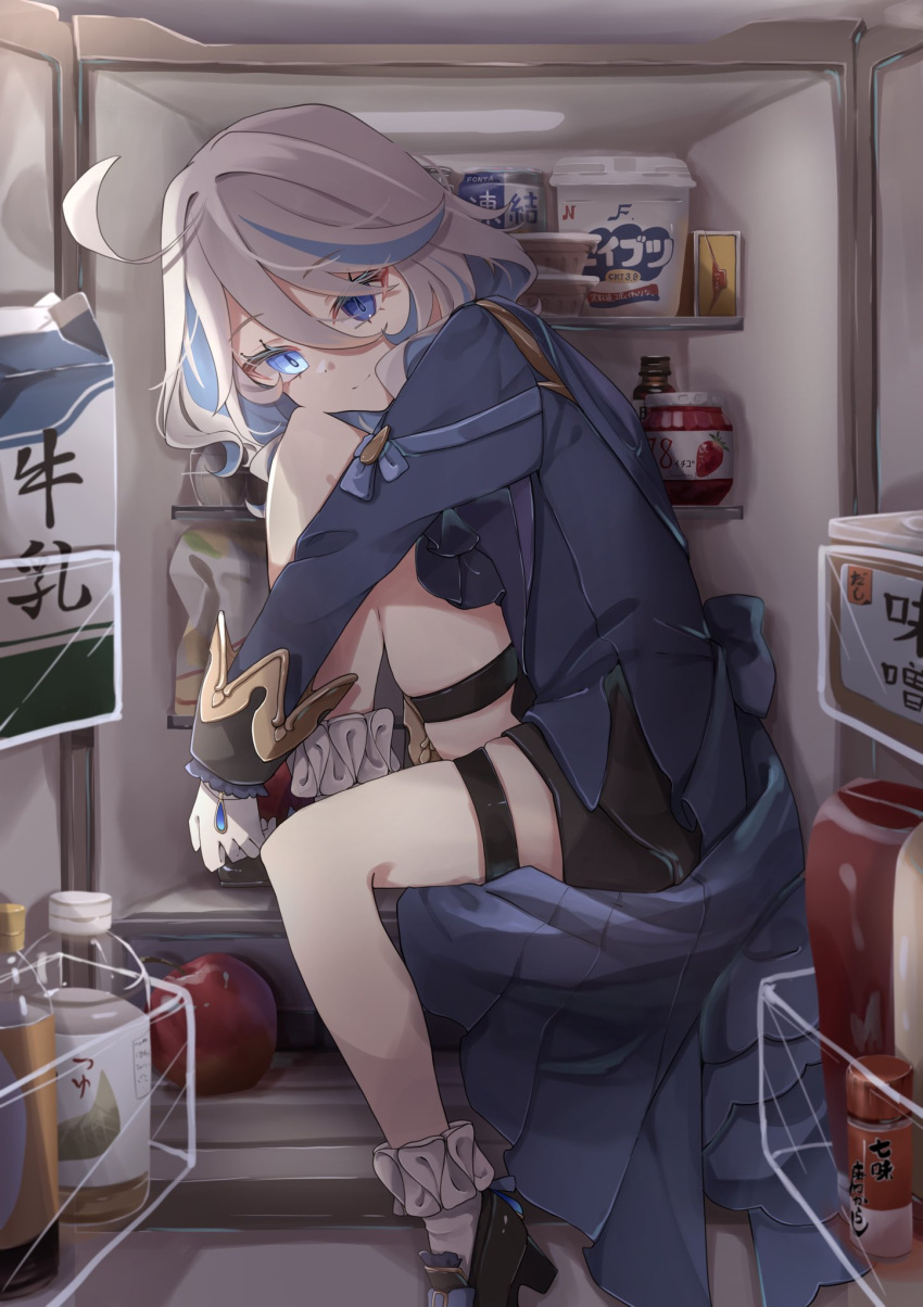 1girl, ascot, black_footwear, black_shorts, blue_ascot, blue_eyes, blue_hair, blue_jacket