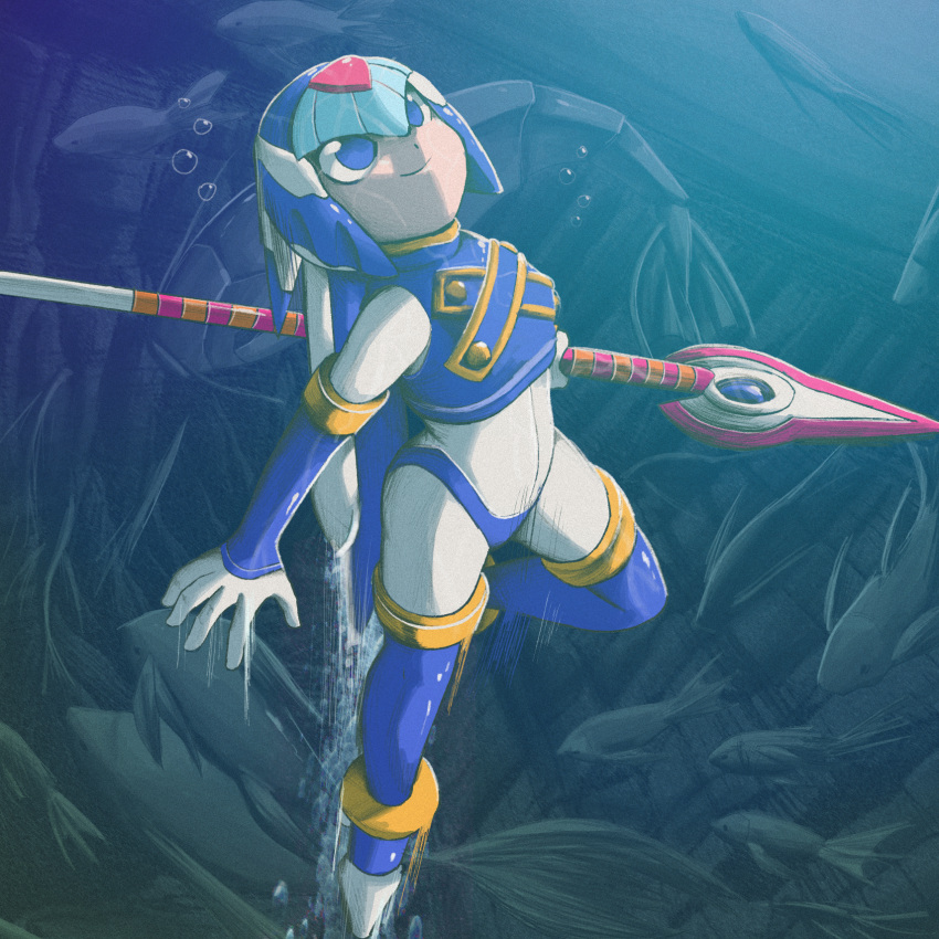 1girl, air_bubble, armor, blue_armor, blue_eyes, blue_helmet, bubble, dashing