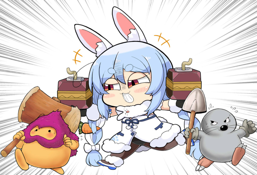 1girl, animal_ear_fluff, animal_ears, black_gloves, blue_hair, bomb, braid, brownie_(dragon_quest)