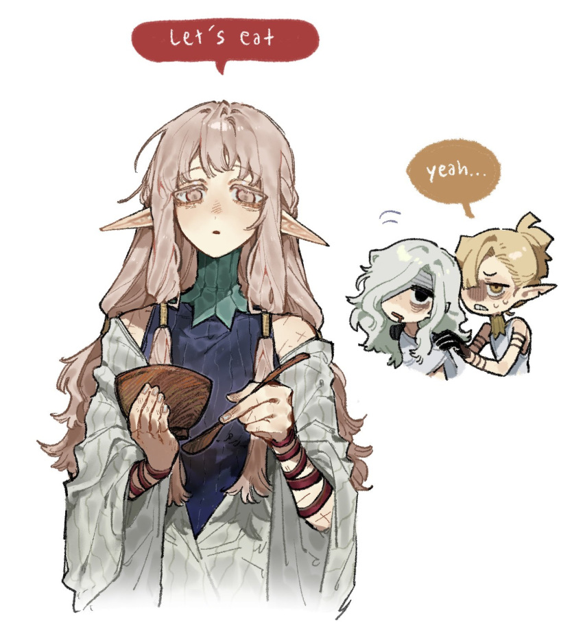 1girl, 2boys, bags_under_eyes, bandage_over_one_eye, black_eyes, blonde_hair, bowl, deformed