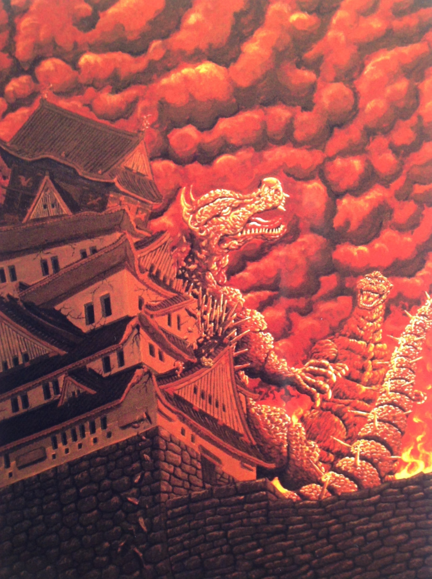 absurdres, anguirus, city, dinosaur, fire, giant, giant_monster, godzilla