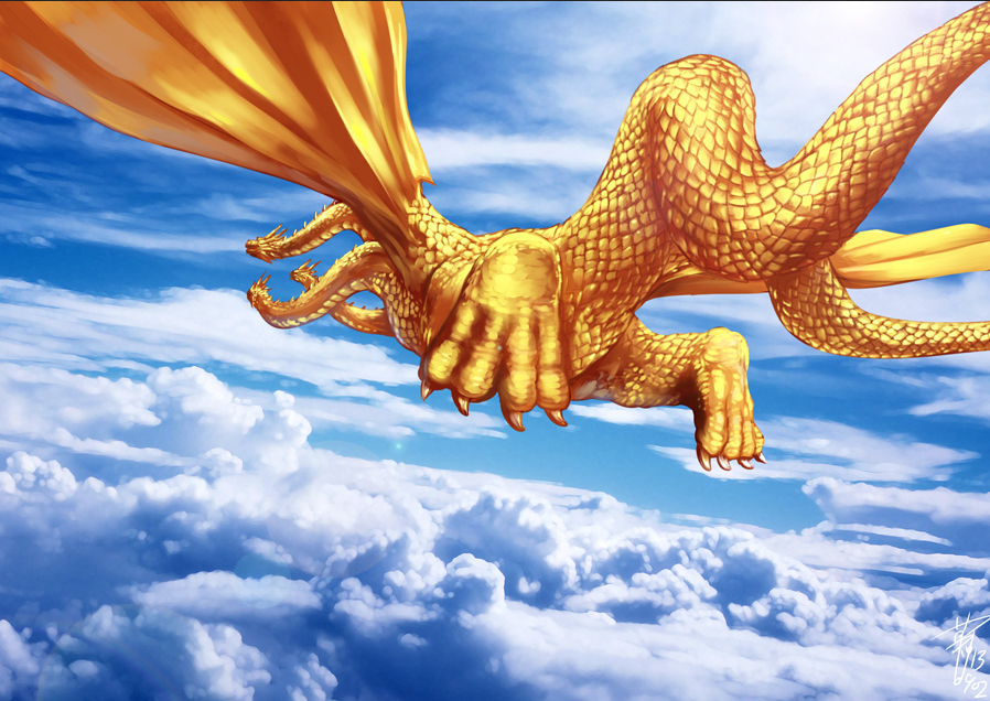 above_clouds, alien, artist_request, clouds, conjoined, day, dragon, extra_tails, flying, from_behind, giant, giant_monster, godzilla_(series), godzilla_vs._king_ghidorah, hydra, kaiju, king_ghidorah, monster, multiple_heads, non-web_source, sky, source_request, tail, toho_(film_company)
