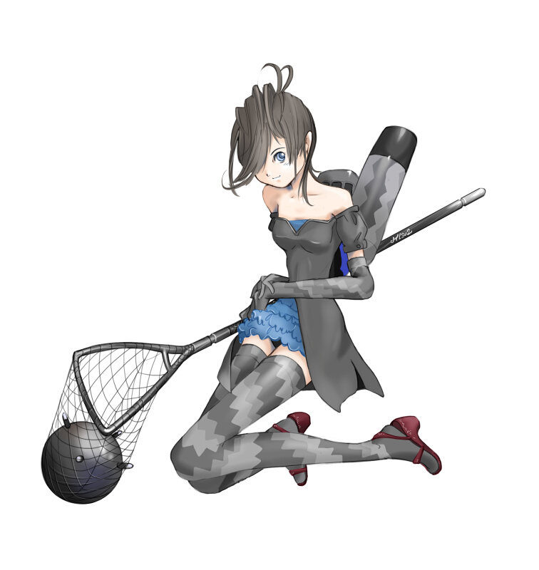 camouflage, dress, explosive, fish_net, funnel, grey_legwear, hair_over_one_eye, hand_net