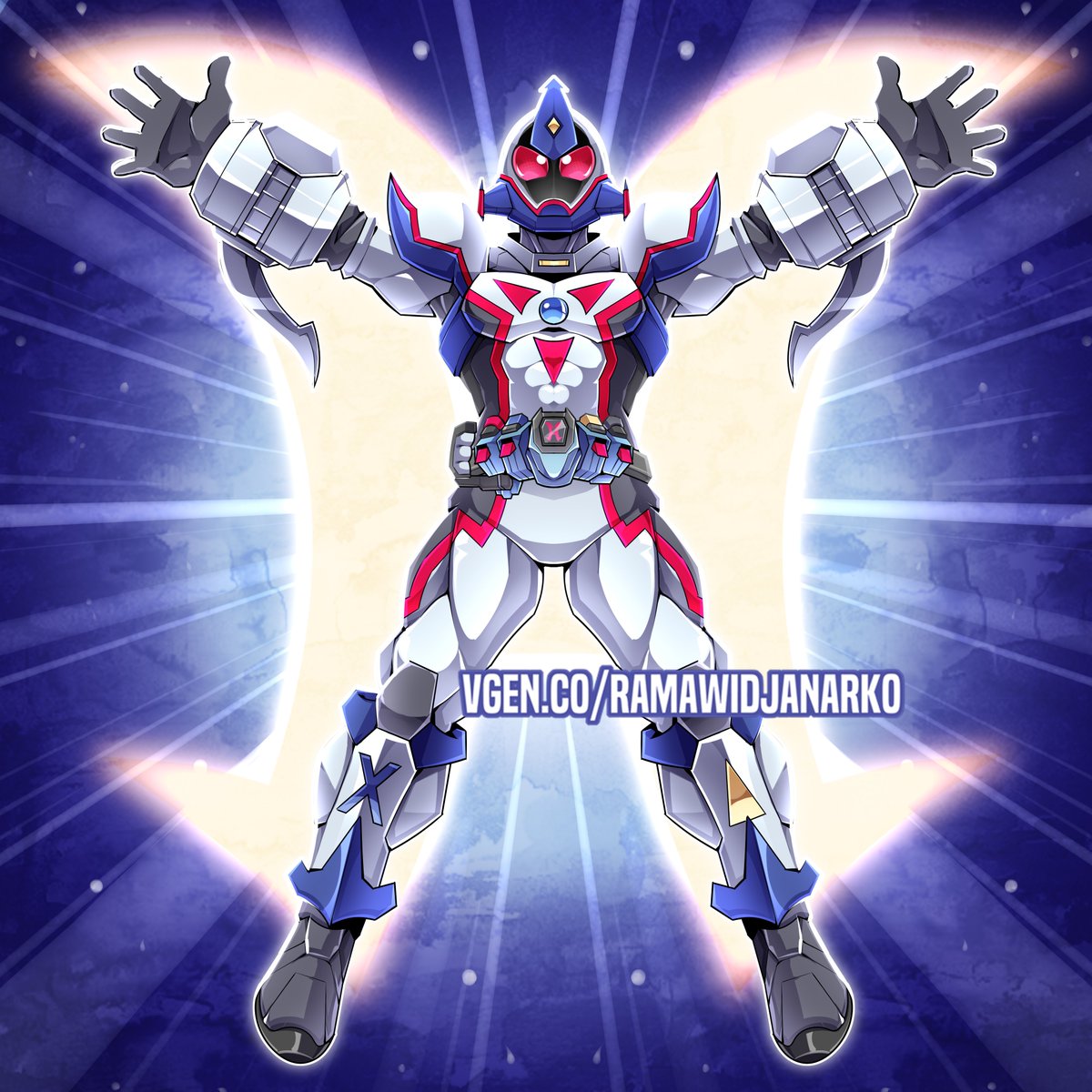 1boy, armor, belt_buckle, buckle, commission, elemental_hero_neos, fourze_driver, full_body