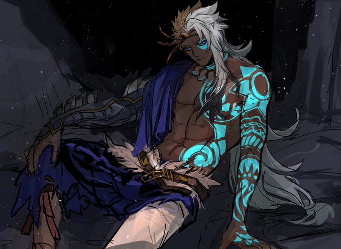 1boy, arm_tattoo, asymmetrical_hair, black_hair, blonde_hair, blue_tattoo, chest_tattoo, dark-skinned_male