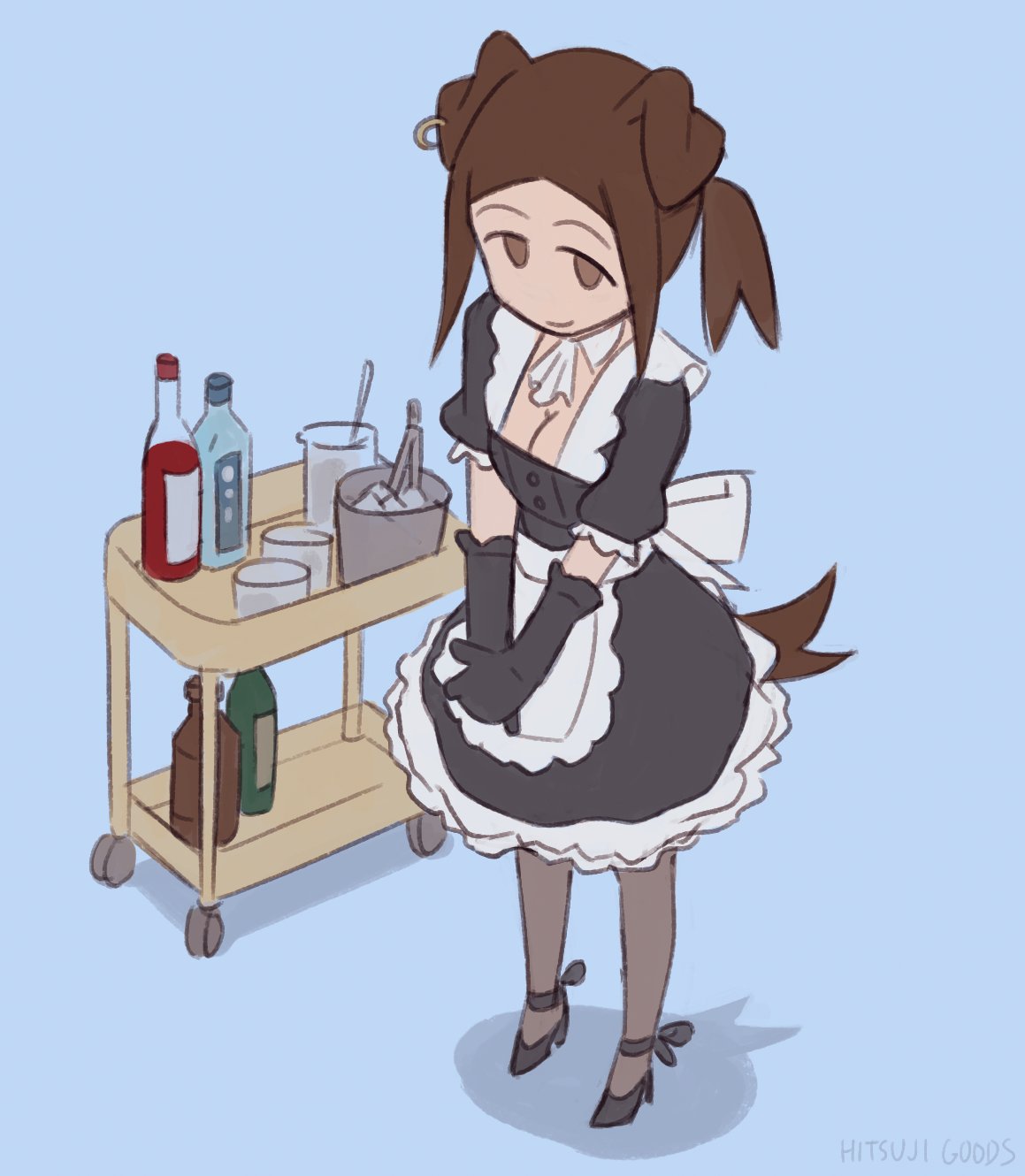 1girl, alcohol, apron, brown_hair, cleavage, dog_ears, dog_girl, dog_tail
