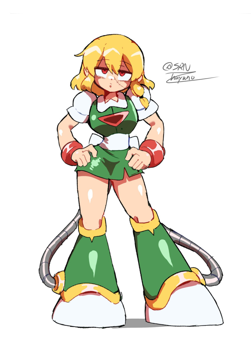 1girl, blonde_hair, boots, dress, full_body, green_dress, green_footwear, hands_on_own_hips