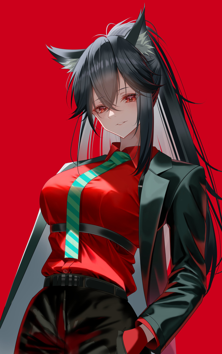 1girl, absurdres, animal_ear_fluff, animal_ears, arknights, black_coat, black_hair, black_pants