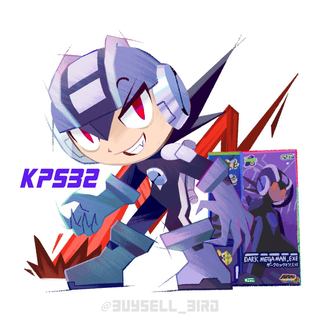 1boy, artist_name, bodysuit, buysell_bird, character_name, chibi, dark_megaman.exe, fang
