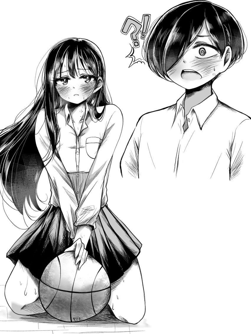 !?, 1boy, 1girl, ao_tanuki, ball, basketball_(object), blush, boku_no_kokoro_no_yabai_yatsu, collared_shirt, highres, ichikawa_kyoutarou, long_hair, long_sleeves, monochrome, pleated_skirt, shirt, short_hair, sitting, sitting_on_ball, skirt, yamada_anna