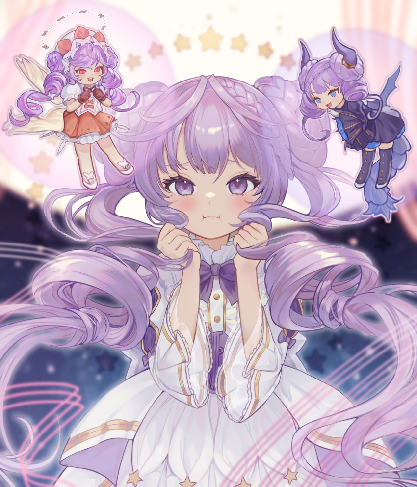 3girls, absurdres, angel, angel_wings, angello_vaalmonica, black_dress, blue_eyes, blush