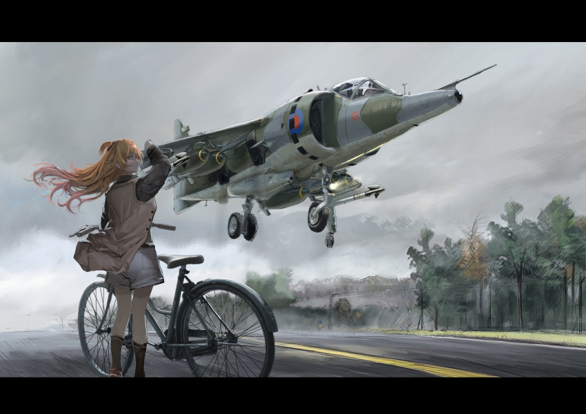 1girl, 1other, absurdres, aim-9_sidewinder, aircraft, airplane, arm_up, bicycle
