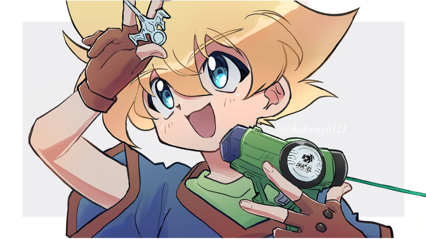 1boy, bakuten_shoot_beyblade, beyblade, blonde_hair, blue_eyes, blue_shirt, border, fingerless_gloves