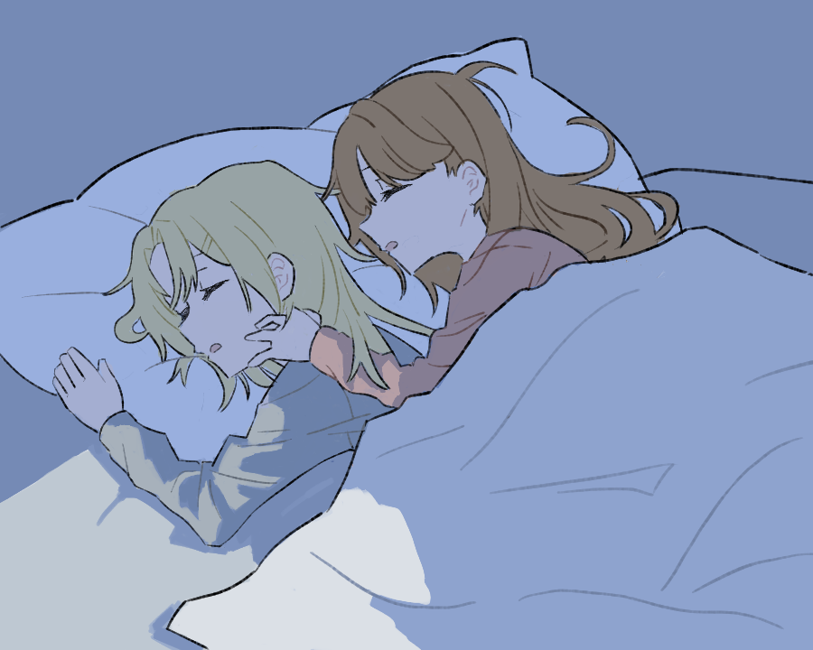 2girls, blonde_hair, brown_hair, closed_eyes, commentary, crack_of_light, fujishima_megumi, grey_shirt