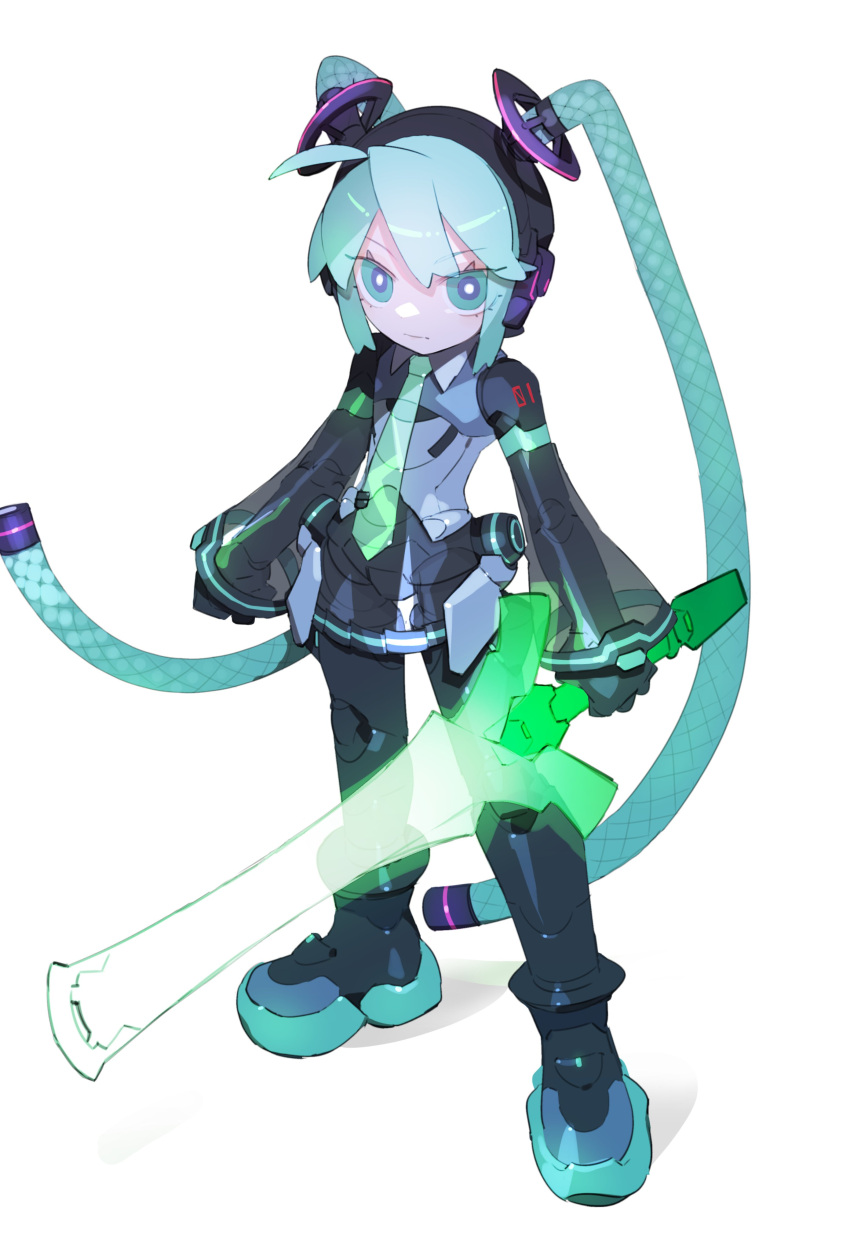 1girl, absurdly_long_hair, absurdres, android, aqua_eyes, aqua_hair, aqua_necktie, bare_shoulders, cable_hair, cheri_zao, cyber_fashion, derivative_work, energy_sword, full_body, glowing, glowing_eyes, grey_shirt, hatsune_miku, highres, holding, holding_sword, holding_weapon, long_hair, looking_at_viewer, mega_man_(series), mega_man_zero_(series), mega_man_zero_1, mega_man_zero_3, necktie, number_tattoo, parody, proto_miku_(cheri_zao), see-through, see-through_skirt, see-through_sleeves, shirt, shoulder_tattoo, simple_background, skirt, solo, spring_onion, sword, tattoo, twintails, very_long_hair, vocaloid, weapon, white_background, z_saber