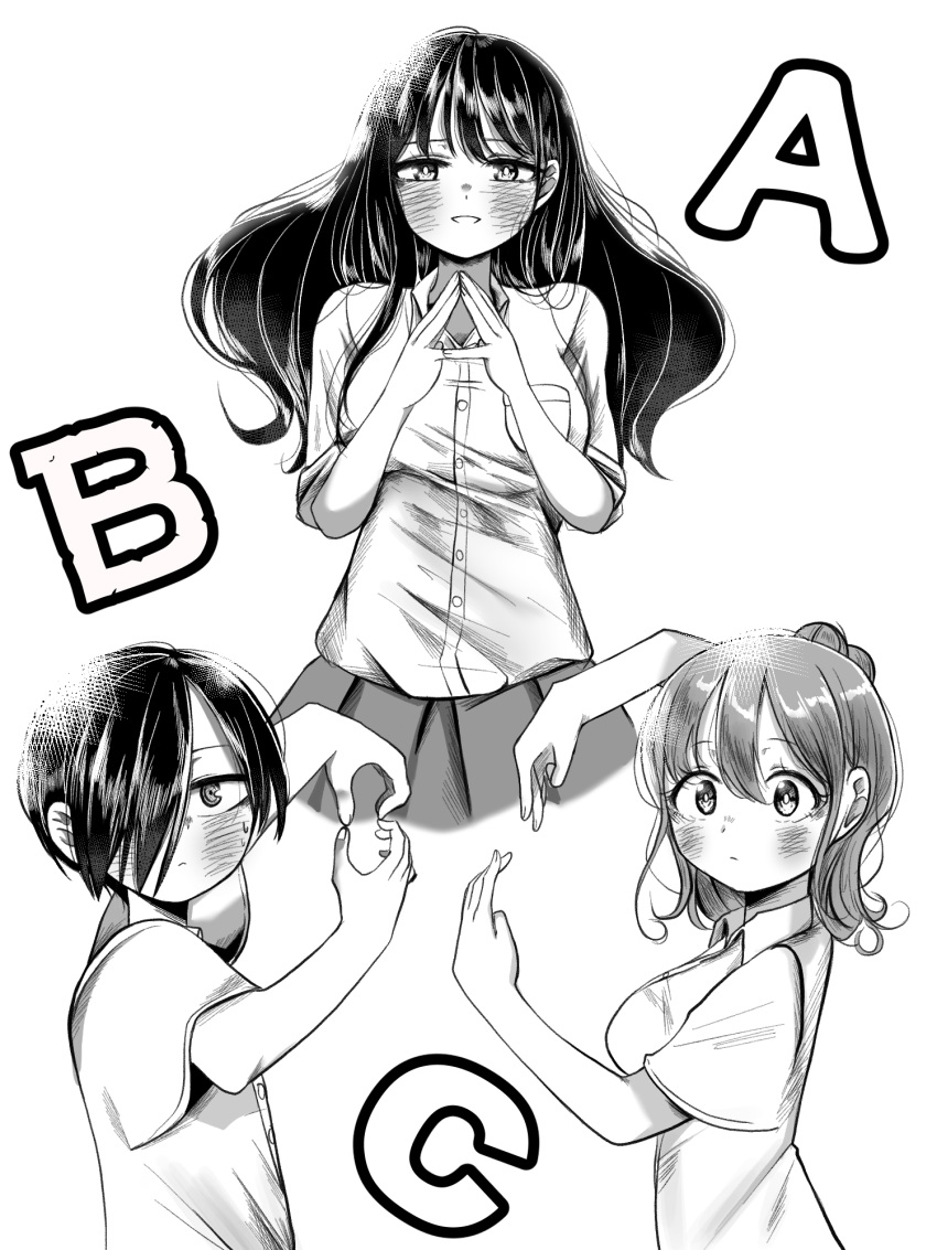 1boy, 2girls, ao_tanuki, boku_no_kokoro_no_yabai_yatsu, collared_shirt, greyscale, hands_up, highres