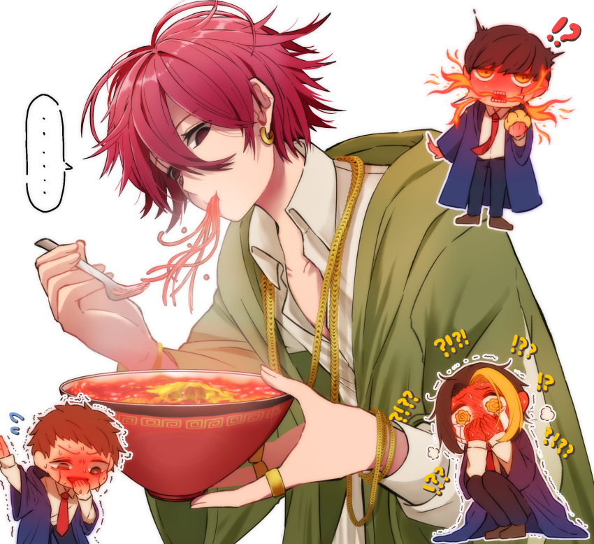 !?, 4boys, black_hair, black_robe, blush, breath_weapon, breathing_fire, brown_hair