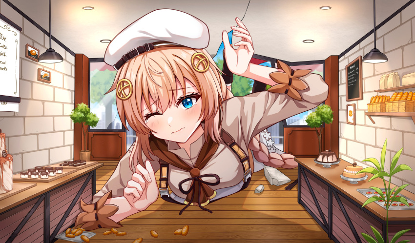 1girl, absurdres, ascot, blue_eyes, braid, bread, brown_ascot, brown_hair, choco_(neural_cloud), commission, fnc_(girls'_frontline), food, giant, giantess, girls'_frontline_neural_cloud, girls_frontline, hair_ornament, hat, highres, indoors, long_hair, one_eye_closed, ransei48, second-party_source, solo