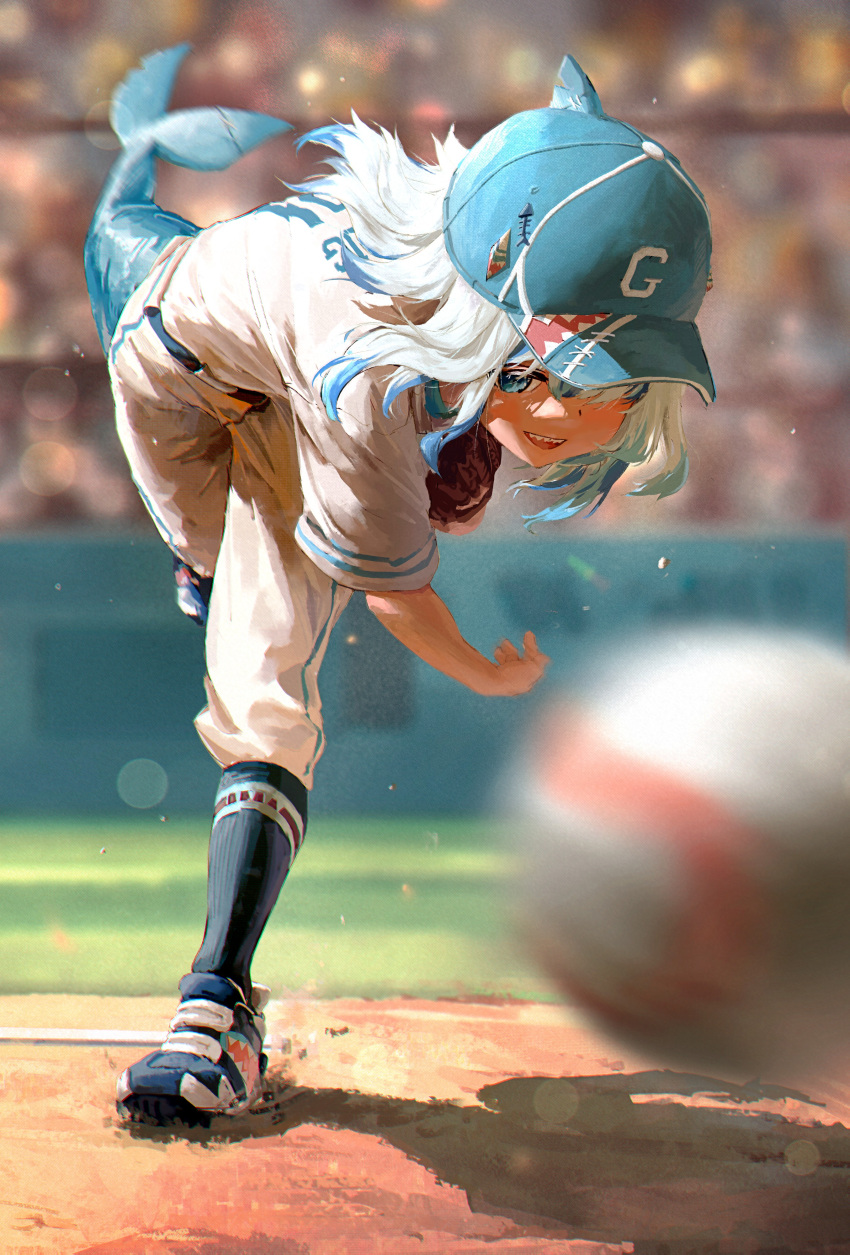 1girl, :d, absurdres, baseball, baseball_(object), baseball_cap, baseball_jersey, baseball_mitt