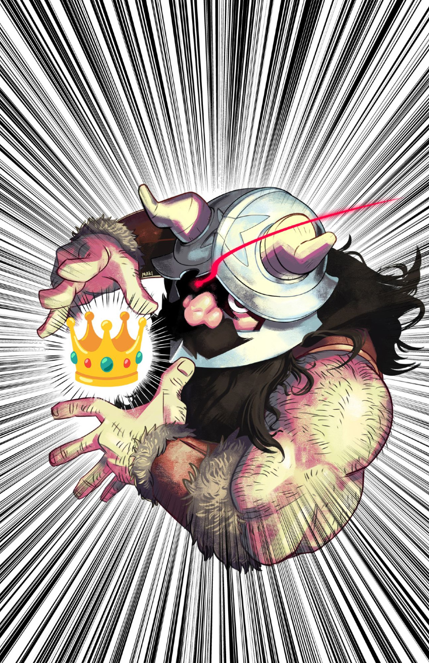 1boy, back_hair, beard, brown_hair, cropped_torso, crown, dungeon_meshi, dwarf