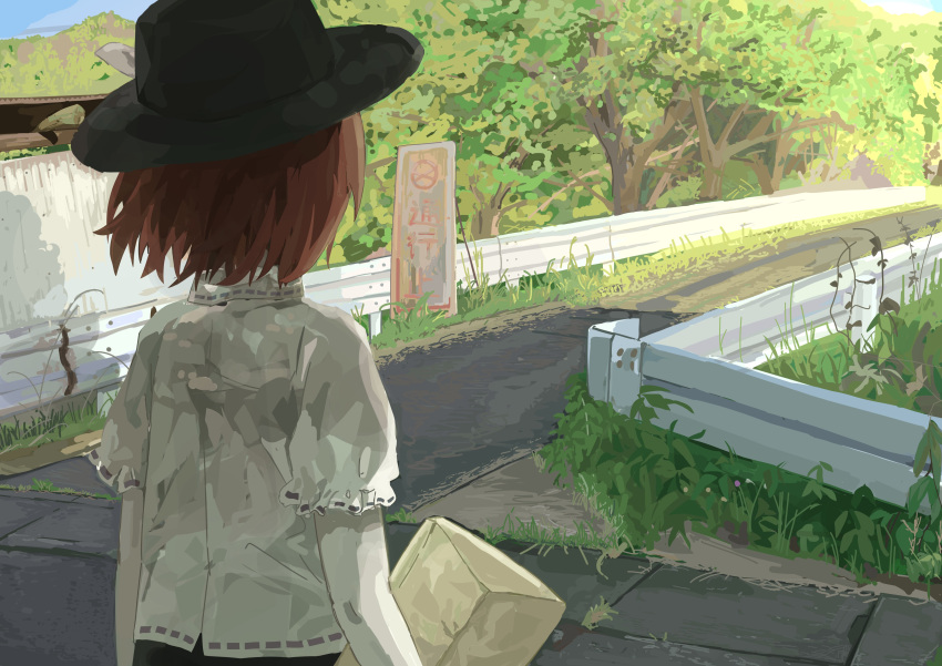 1girl, absurdres, black_hat, brown_hair, commentary_request, day, facing_away, from_behind