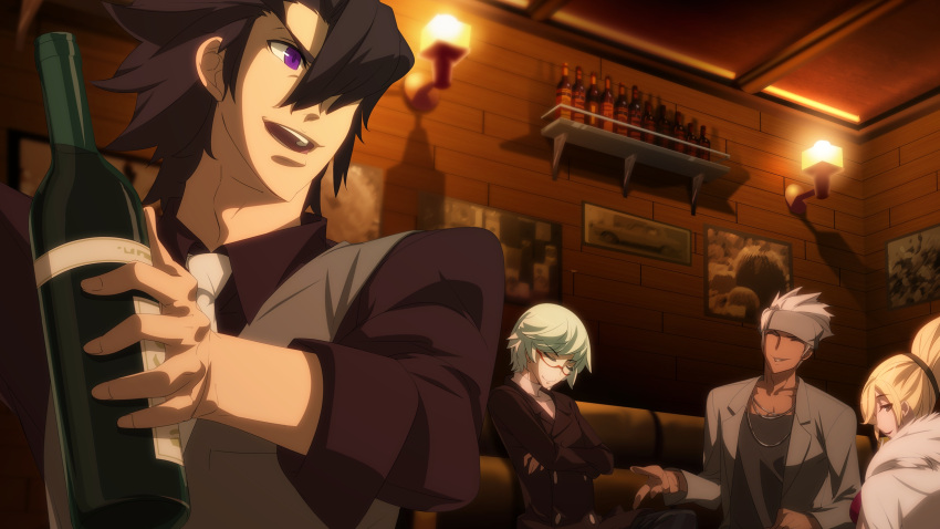 1girl, 3boys, alternate_costume, artist_request, bar_(place), black_eyes, black_hair, black_jacket, black_shirt, blonde_hair, bottle, chaos_(under_night_in-birth), closed_eyes, crossed_arms, dark-skinned_male, dark_skin, dress, enkidu_(under_night_in-birth), feather_boa, gordeau_(under_night_in-birth), grey_jacket, high_ponytail, highres, hilda_(under_night_in-birth), holding, holding_bottle, jacket, jewelry, long_hair, long_sleeves, multiple_boys, necklace, necktie, official_alternate_costume, one_eye_covered, open_clothes, open_jacket, pink_dress, ponytail, shirt, short_hair, smile, spiky_hair, under_night_in-birth, violet_eyes, white_hair, white_necktie, wine_bottle