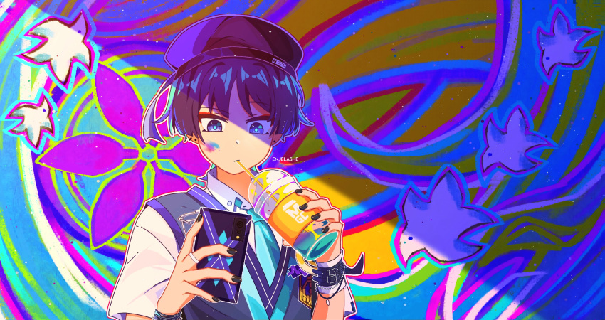 1boy, absurdres, alternate_costume, aqua_necktie, artist_name, belt, beret, black_belt, black_nails, blunt_ends, cellphone, coffee, collared_shirt, cup, disposable_cup, drink, drinking, drinking_straw, enjelashe, eyeliner, eyeshadow, genshin_impact, gold, gold_ring, graffiti, grey_vest, hat, highres, holding, holding_cup, holding_phone, iced_coffee, jewelry, looking_down, makeup, male_focus, multicolored_vest, necktie, official_alternate_costume, paint, paint_splatter, paint_splatter_on_face, phone, purple_hair, red_eyeliner, red_eyeshadow, ring, scaramouche_(genshin_impact), shirt, short_sleeves, solo, vest, violet_eyes, wanderer_(genshin_impact), white_shirt, white_sleeves, wrist_cuffs