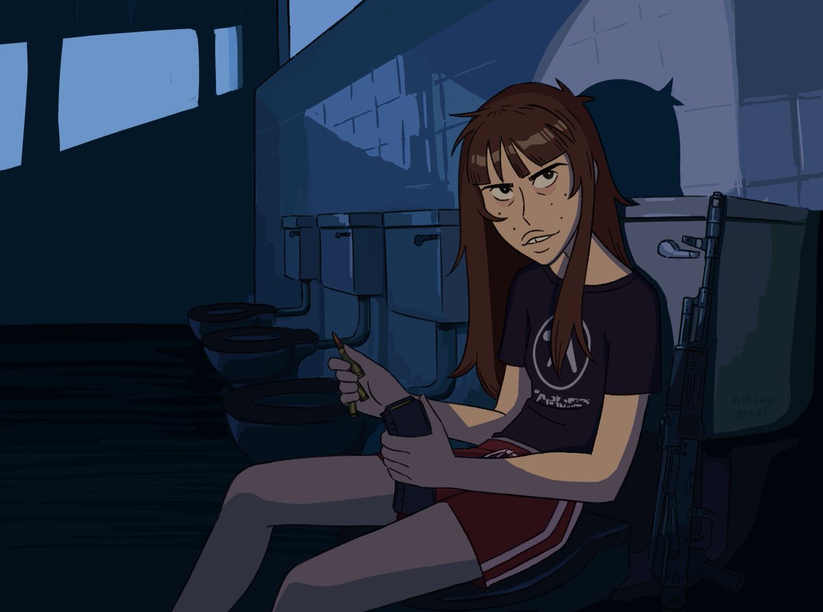 1girl, bathroom, black_eyes, black_shirt, brown_hair, buck_teeth, bullet, female