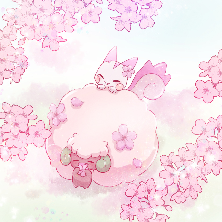 025sakura393, :d, alternate_color, closed_eyes, commentary_request, flower, flower_head, highres, holding, no_humans, open_mouth, pachirisu, petals, pink_flower, pokemon, pokemon_(creature), shiny_pokemon, smile, whimsicott