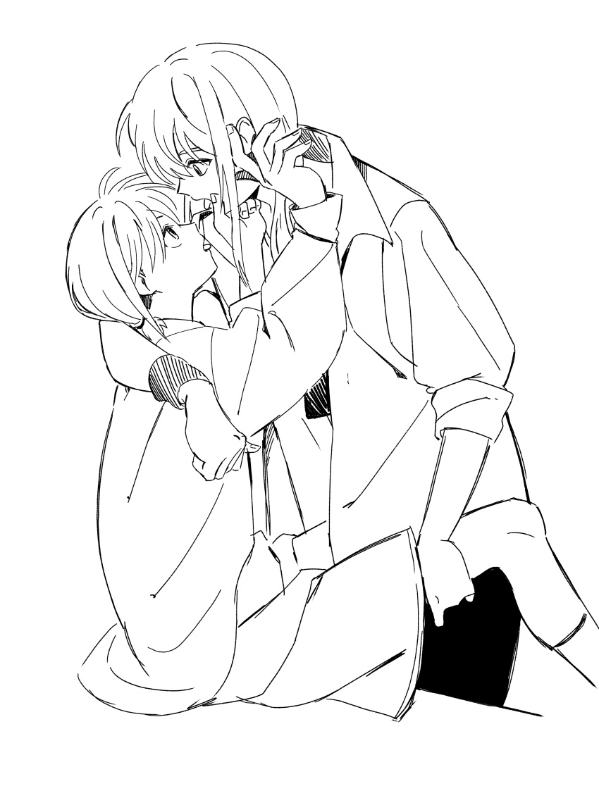2girls, absurdres, arm_around_neck, bio_w5, collarbone, commentary_request, girls_band_cry, greyscale