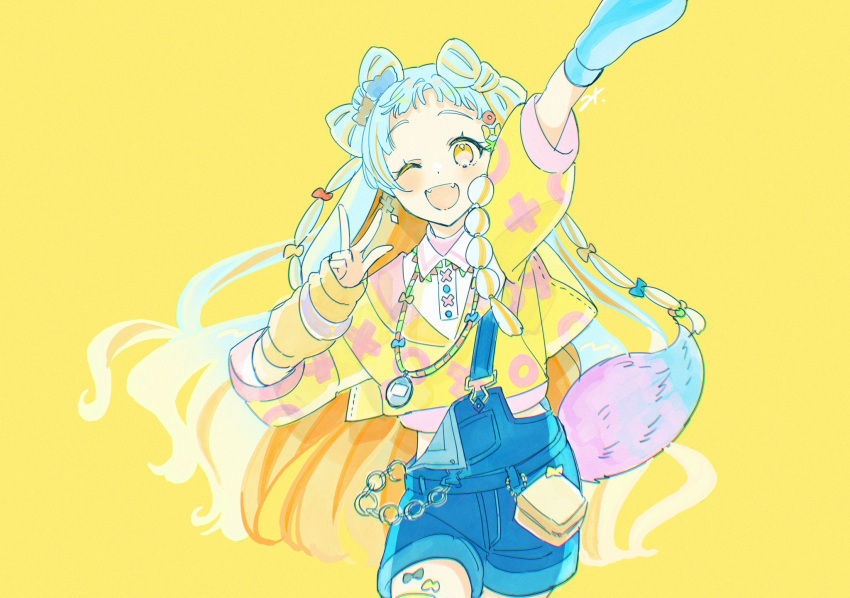 1girl, :d, aikatsu!_(series), aikatsu_academy!, arm_up, blonde_hair, blue_hair, blue_overalls