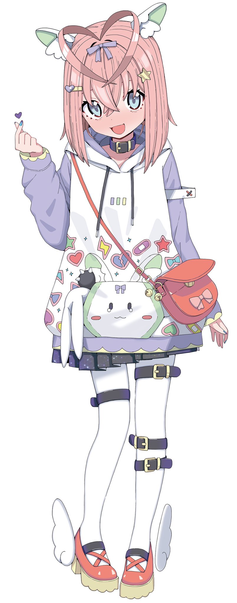 1girl, :d, animal_ears, bag, bell, belt, belt_collar, black_belt, blue_eyes, blue_nails, bow, collar, full_body, ginipi_chan, hair_bow, hair_ornament, hairclip, hand_up, highres, hood, hood_down, hoodie, jingle_bell, leg_belt, looking_at_viewer, morumoru_x, nail_polish, open_mouth, original, pantyhose, pink_hair, purple_bow, red_bag, red_footwear, shoulder_bag, simple_background, smile, solo, star_(symbol), star_hair_ornament, white_background, white_pantyhose