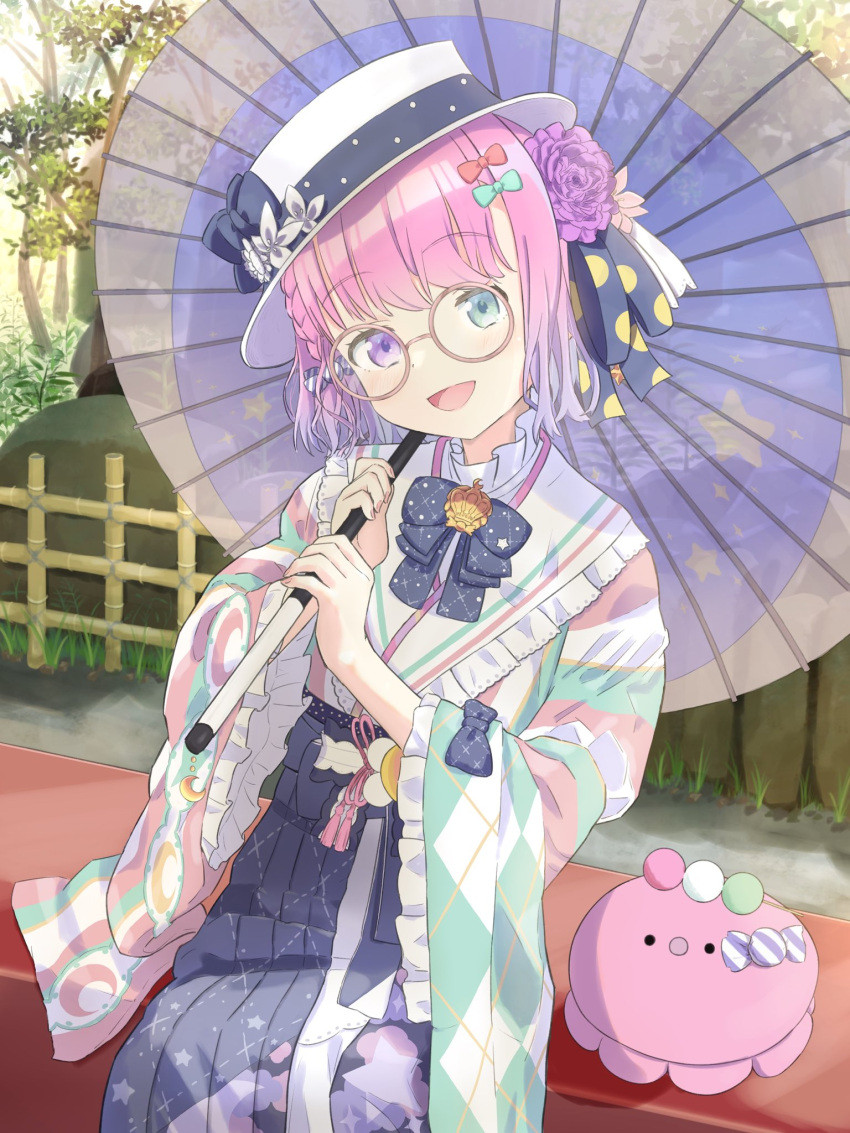1girl, blue_bow, blue_skirt, bow, bowtie, braid, brooch, candy_hair_ornament, collar, crescent, dango, flower, food, food-themed_hair_ornament, frilled_collar, frilled_kimono, frills, gradient_hair, green_eyes, hair_bow, hair_flower, hair_ornament, hair_ribbon, hakama, hakama_skirt, hat, hat_bow, heterochromia, highres, himemori_luna, himemori_luna_(6th_costume), holding, holding_umbrella, hololive, japanese_clothes, jewelry, kimono, les_trois, long_skirt, multicolored_clothes, multicolored_hair, multicolored_kimono, official_alternate_costume, oil-paper_umbrella, outdoors, pink_hair, pink_nails, print_hakama, ribbon, round_eyewear, sanshoku_dango, short_hair, sitting, skirt, smile, star_(symbol), star_print, umbrella, violet_eyes, virtual_youtuber, wagashi, white_hat, wide_sleeves