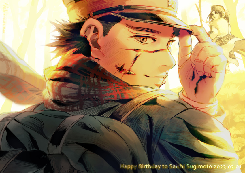 1boy, 1girl, asirpa, backpack, bag, bandana, black_hair, cane