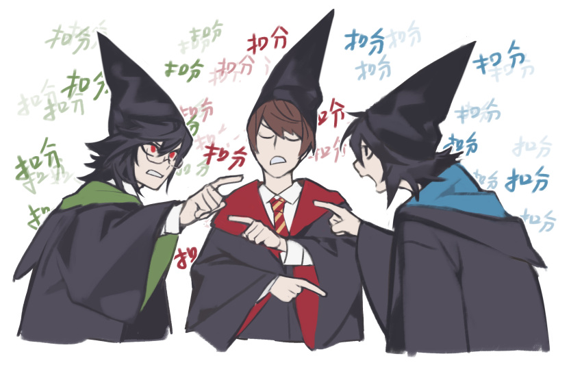 3boys, accusations, black_eyes, black_hair, black_hat, black_robe, brown_hair, clenched_teeth, closed_eyes, collared_shirt, death_note, glasses, hair_between_eyes, harry_potter_(series), hat, highres, l_(death_note), male_focus, medium_hair, mikami_teru, multiple_boys, necktie, open_mouth, pointing, pointy_hat, red_eyes, robe, saaak57587044, school_uniform, shirt, short_hair, striped_necktie, teeth, upper_body, white_background, white_shirt, wide_sleeves, wizarding_world, yagami_light