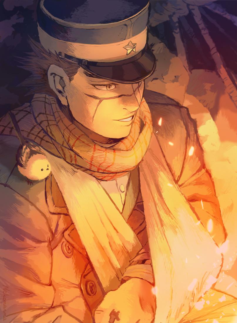 1boy, animal_on_shoulder, arm_sling, bird, bird_on_shoulder, brown_hair, golden_kamuy, hat