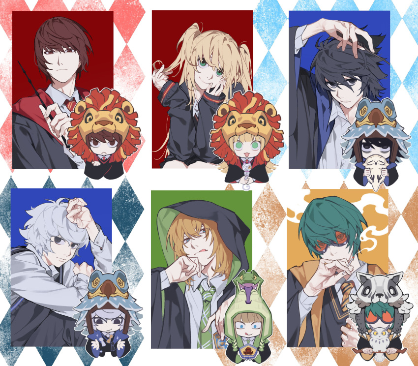 1girl, 5boys, absurdres, amane_misa, animal, animal_hood, bird, bird_hood