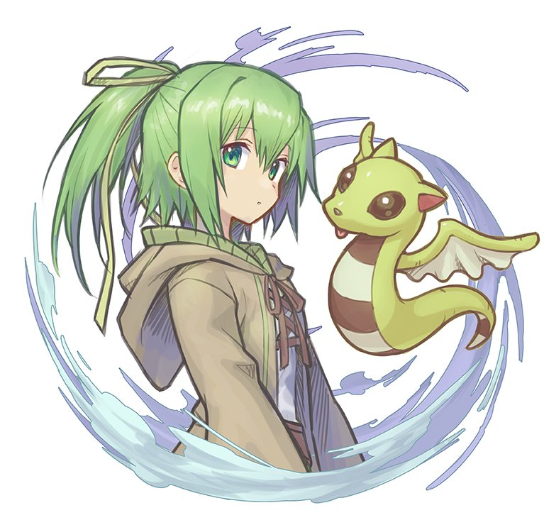 1girl, brown_jacket, commentary, cropped_torso, duel_monster, from_side, green_eyes, green_hair