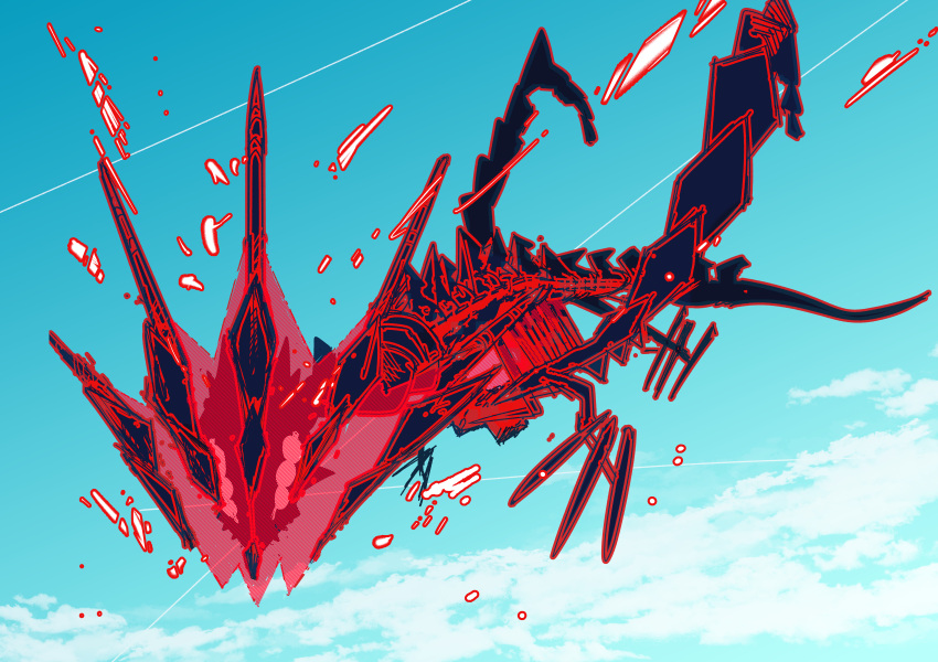 absurdres, blue_sky, clip_studio_paint_(medium), clouds, cloudy_sky, dragon, eternatus, flying, gabesona, highres, horns, monster, no_humans, pokemon, pokemon_(creature), scorpion_tail, sky, tail