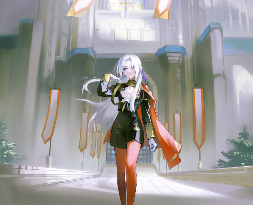 1girl, arm_up, artuvia, capelet, closed_mouth, edelgard_von_hresvelg, fire_emblem, fire_emblem:_three_houses