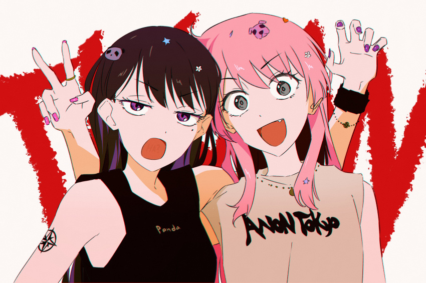 2girls, absurdres, arm_tattoo, bang_dream!, bang_dream!_it's_mygo!!!!!, black_shirt, brown_hair, chihaya_anon