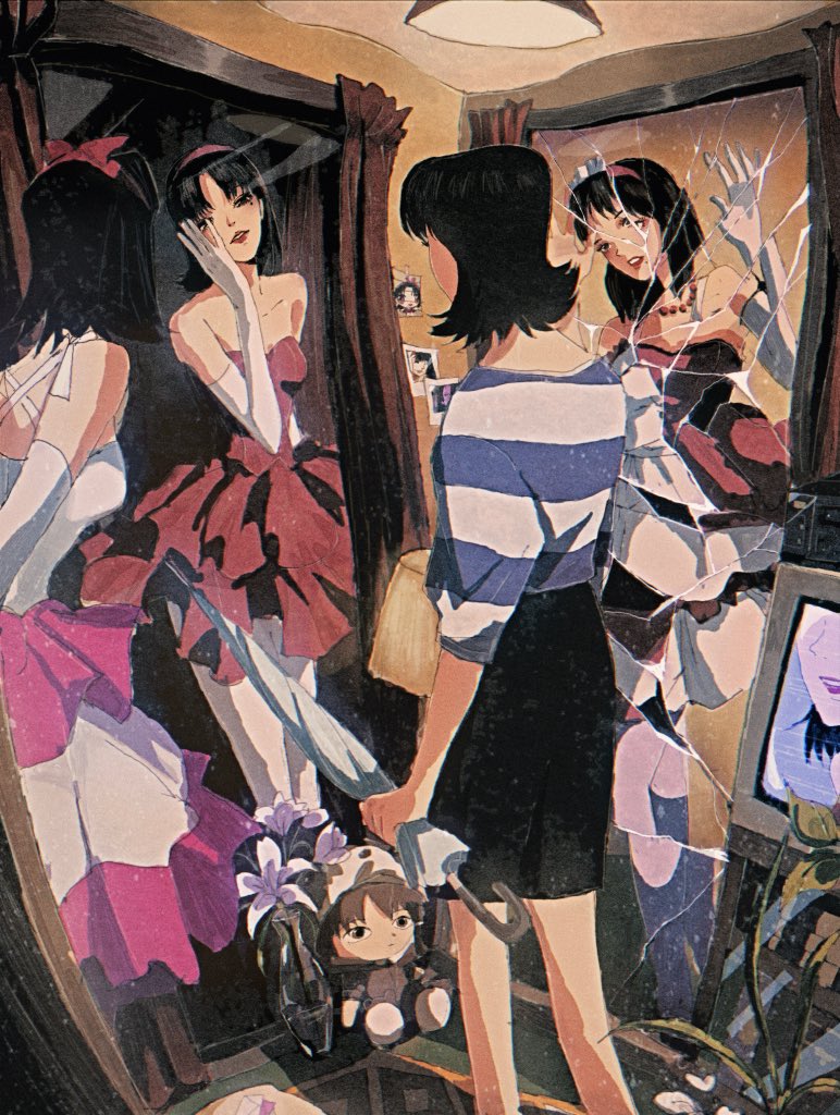4girls, bare_shoulders, bead_necklace, beads, black_hair, black_skirt, breasts, broken_mirror