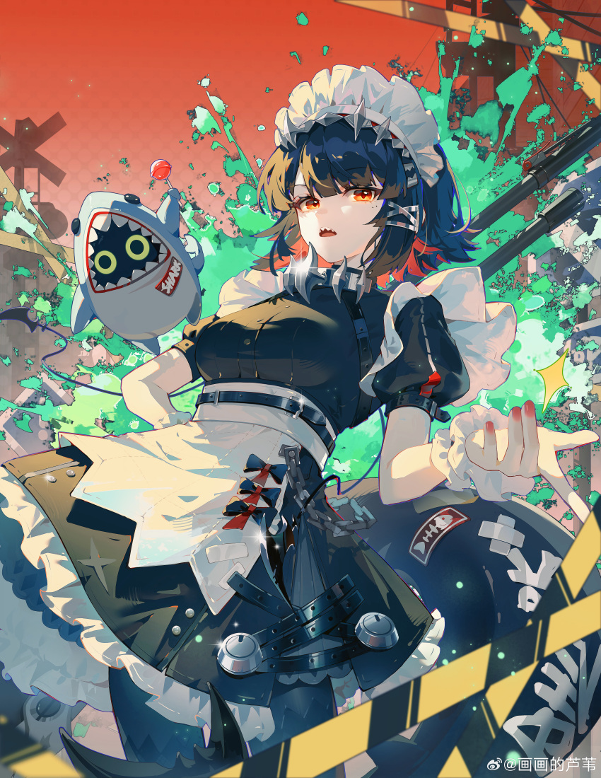 1girl, absurdres, artist_name, black_hair, cowboy_shot, ellen_joe, fingernails, fins