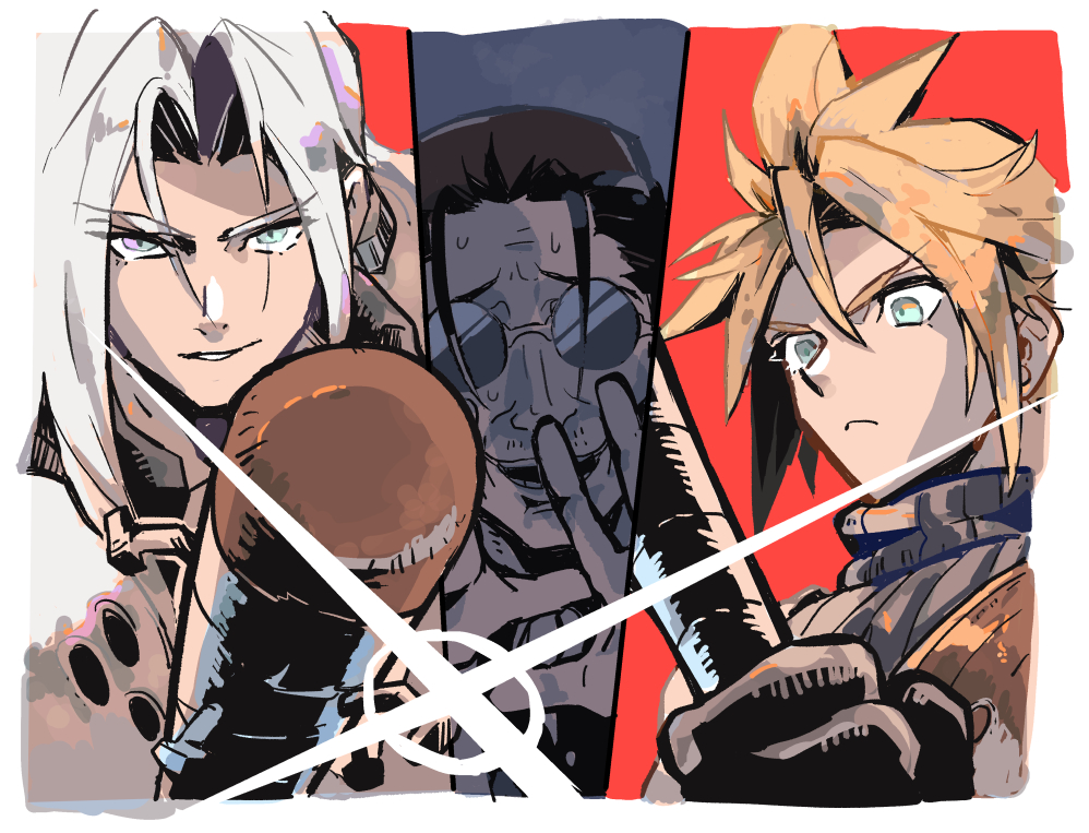 3boys, armor, baseball_bat, black_gloves, black_hair, blonde_hair, blue_shirt, border