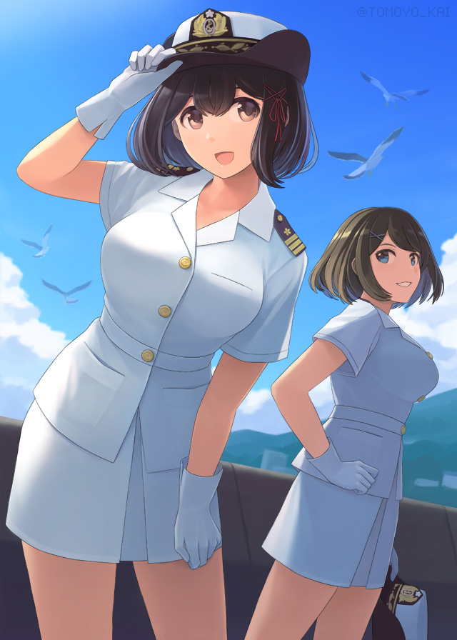 2girls, alternate_costume, bird, black_hair, blue_eyes, blue_sky, brown_eyes, brown_hair