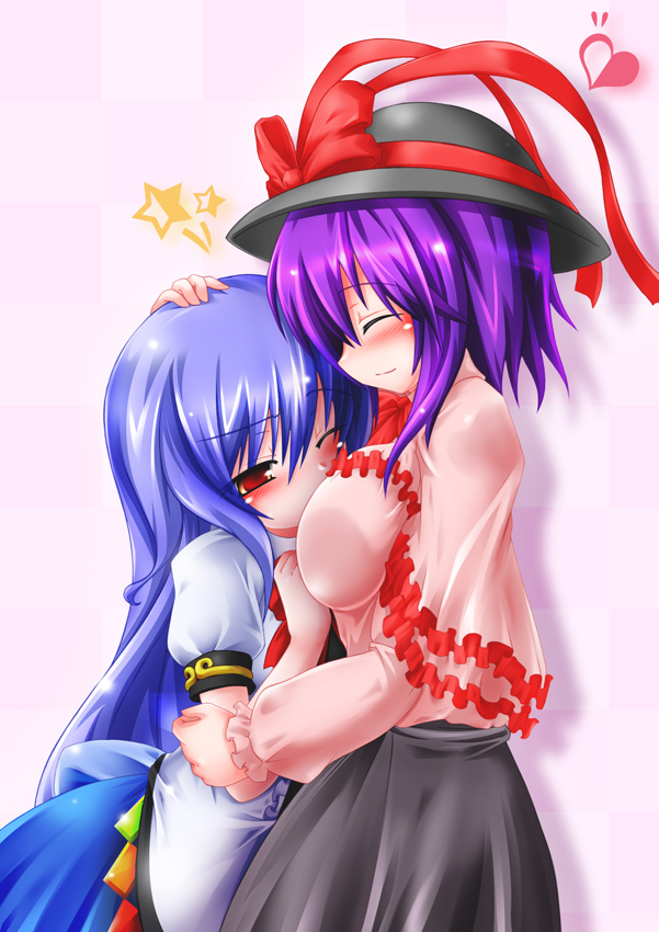 blush, breast_smother, breasts, capelet, closed_eyes, frills, hand_on_head, hat