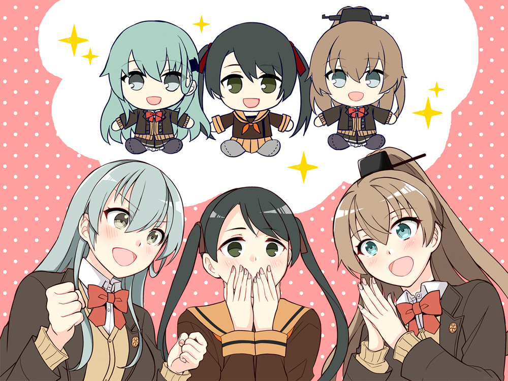 3girls, aqua_eyes, aqua_hair, black_hair, blazer, blue_eyes, bow, bowtie