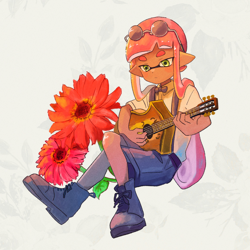 1girl, acoustic_guitar, black_bow, black_bowtie, boots, bow, bowtie, closed_mouth