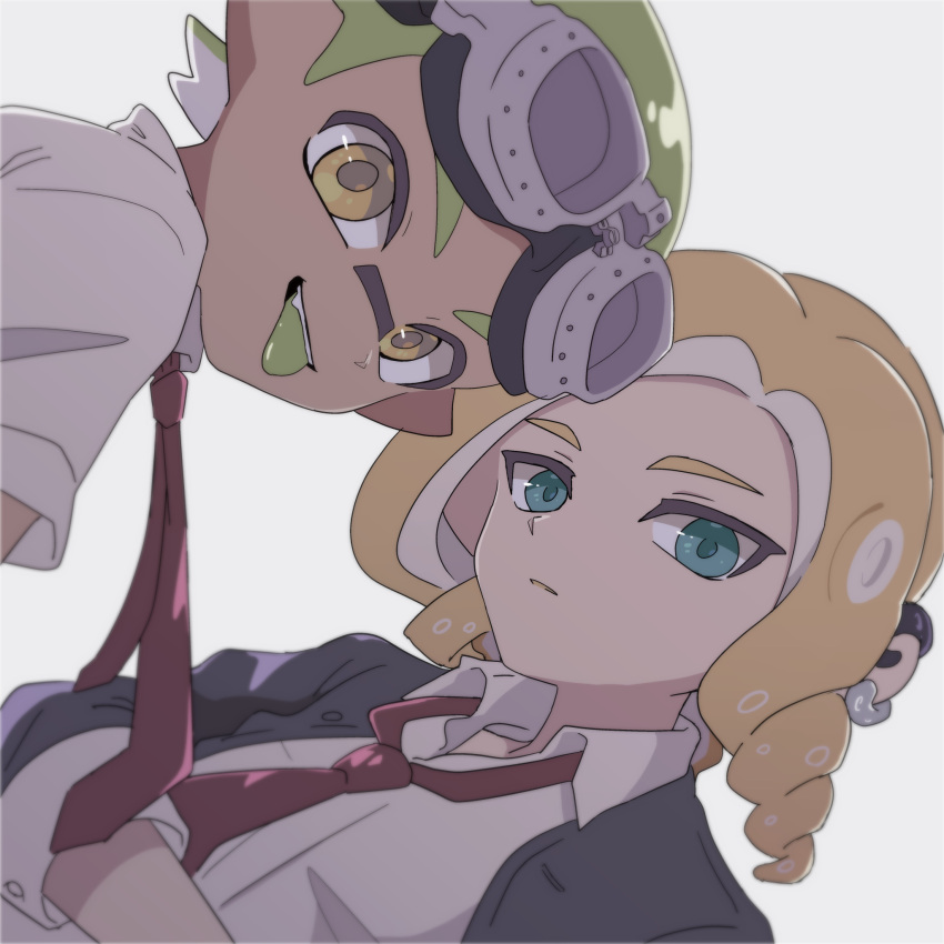 2boys, :p, blonde_hair, blue_eyes, collared_shirt, commentary_request, earrings, goggles